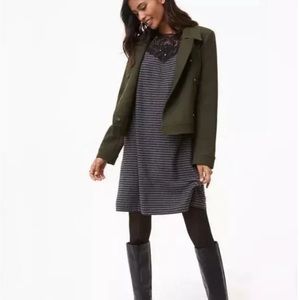 LOFT Women's Grey Black Stripes Crochet Lace Trim Knit Shift Swing work Dress M